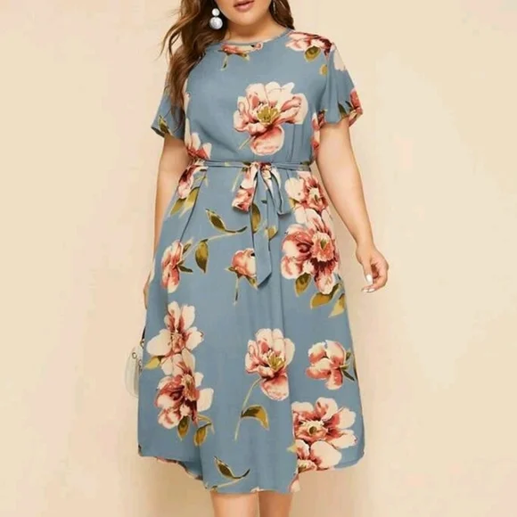 Plus Large Floral Print Belted Dress XL Midi - Picture 1 of 2